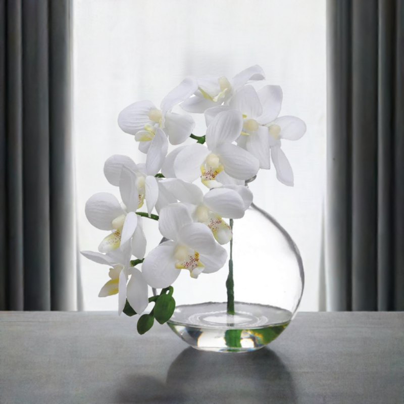 ORQUIDEA EN BASE VIDRIO 25cm BLANCO